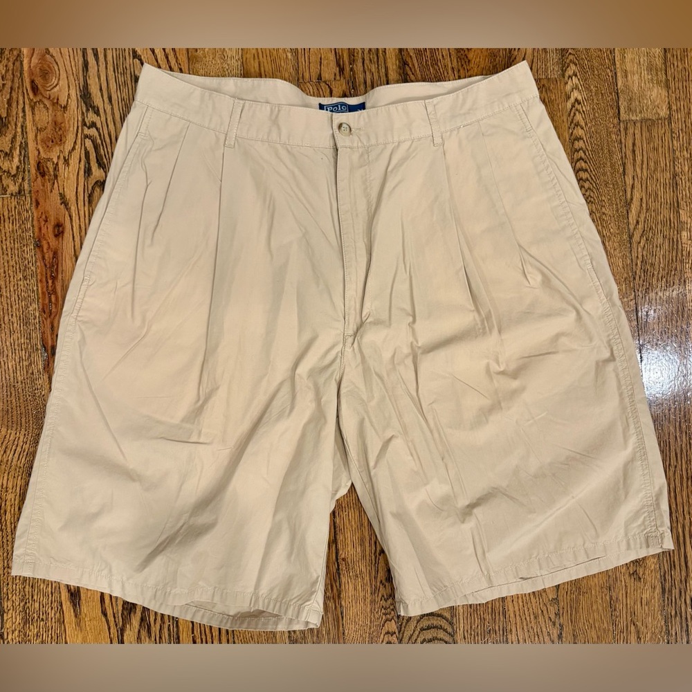 VTG Polo Ralph Lauren Pleated Chino Shorts Khaki Beige Tan Crest Logo Men’s 36*